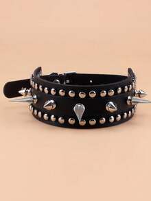 Gothic Punk PU Leather Collar With Spikes, Adjustable Rivet Choker, Suitable For Daily Wear And Party Occasions - Black - View 2