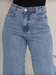 Calça Jeans Wide Leg Feminina Marmorizada Pantalona Oversized 100% Jeans - Lavagem Média - Visão 3