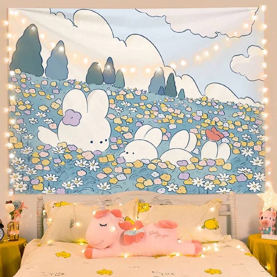 Cute Bunny Dormitory Decoration Tapestry Cartoon Painting Wall Cloth    Beautiful Natural Scenery - 1PC - 查看 1
