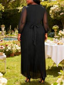 大码女士黑色褶皱雪纺连衣裙，腰间系带，端庄正式，适合周日派对、春季婚礼等场合。 - 黑色 - 查看 2