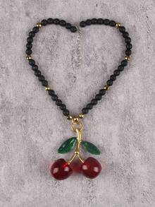 قلادة قصيرة بخرز بطراز بوهيمي للنساء، قلادة قلب كرزي أحمر من الراتنج، طوق عصري للحفلات، هدية للحبيبة والأم والأحباء - خرز أبيض - مشاهدة 13