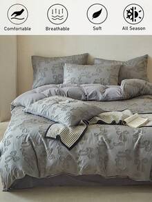 2/3-teiliges Bettwäsche-Set im Bohemien-Stil mit grauer Schleife, gemusterter Jacquard-Steppung, charmanter vintage Stickerei, geeignet für alle Jahreszeiten, weich & atmungsaktiv, maschinenwaschbar, tolles Geschenk für Frauen, Wohndekoration, einsetzbar für Schlafzimmer, Gästezimmer (1 Bettbezug + 1/2 Kissenbezüge, ohne Füllung) - Grau - Übersicht 2