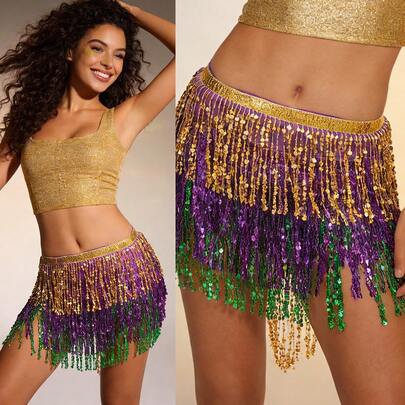 Pailletten Quasten Rock, Sexy Crop Top Rock für Frauen, verstellbarer Bund, Sarong-Stil Wickelrock, Karneval Rave Tanz Kostüm, Halloween