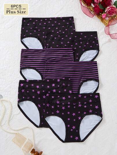 6pcs Plus Size Comfortable Mid/High Waist Multicolor Heart, Star, Striped Pattern Panties