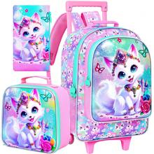 3 Piezas Mochila con Ruedas para Niñas, Mochila Escolar con Ruedas para Niños, Mochila con Ruedas con Diseño de Zorro para Primaria, Preescolar, Jardín de Infantes (Rosa) - Rosa - Ver 14