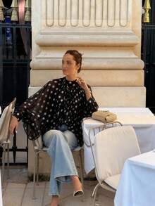 大码女士优雅休闲时尚黑色波点图案衬衫 - 蝴蝶结、灯笼袖、宽松、褶裥、半透明夏季款 - 黑色 - 查看 1