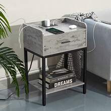 Juego de 2 mesitas de noche con estación de carga y puertos USB, 3 niveles con cajón de almacenamiento, diseño moderno, color gris roble - Gris retro - Ver 3