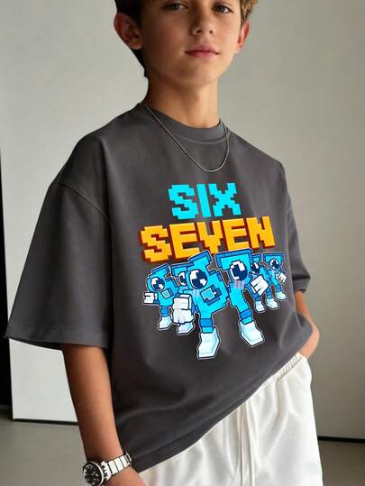 1pc "67 SIX SEVEN" Letter & Number Graphic Casual Print Short Sleeve T-Shirt, Summer Top For Tween Boys, Young Student Clothing