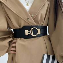 1-Piece Women's Solid Color Casual Retro PU Leather Waist Belt, Suitable For All Seasons, Retro Niche, Elastic Waistband, Decorative, For Dresses, Coats, High-End, Versatile, Simple Coat Belt - Black - View 4