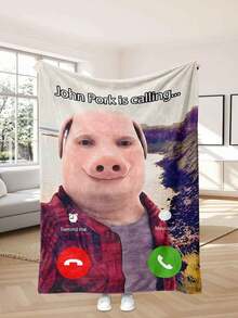 「John Pork Is Calling」法蘭絨毯－可愛豬圖案，豬裝飾 - 彩色 - 查看 2