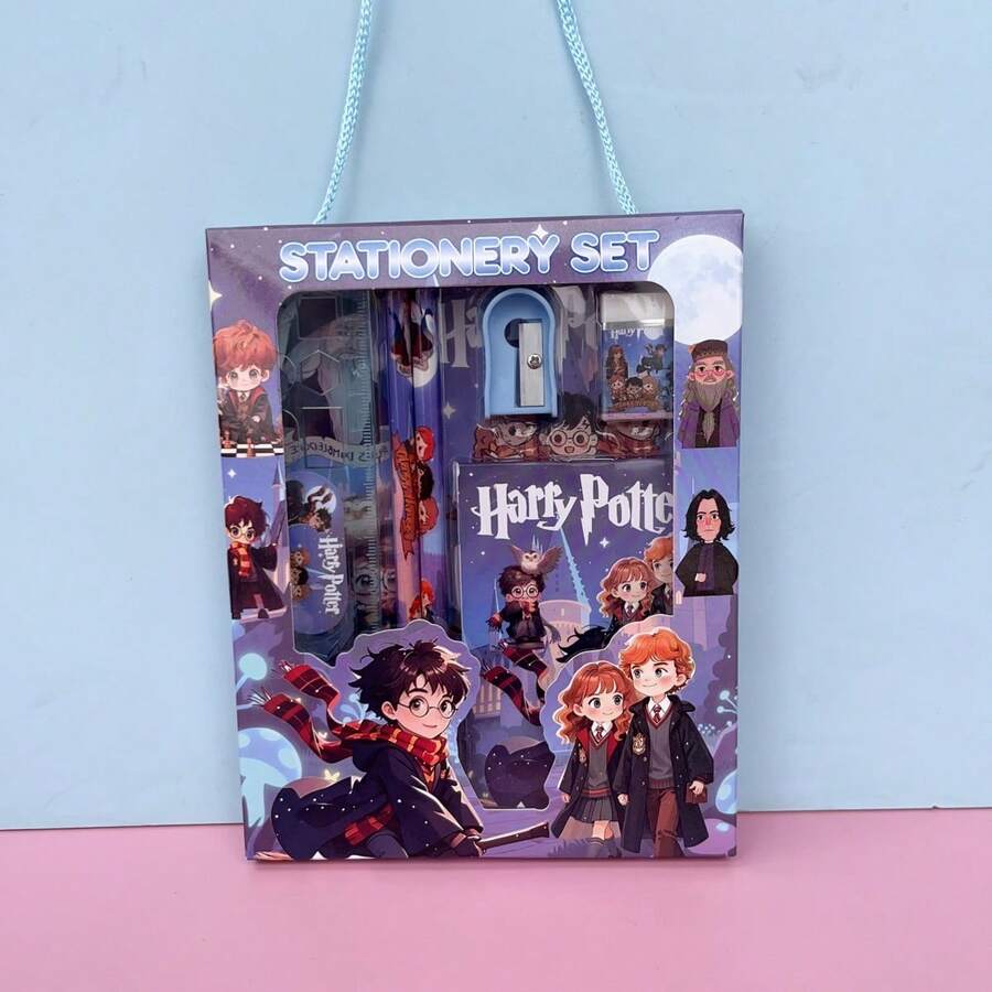 6pcs Harry Potter Stationery Set Including 2 Pencils, 1 Pencil Sharpener, 1 Eraser, 1 Notebook, 1 Ruler, Suitable As Party Favor, Birthday Gift, Back To School Gift, Fan Gift - Multicolor - View 1