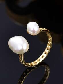 1枚18K镀金天然淡水珍珠可调节开口戒指，母亲节、情人节、生日礼物（女士款） - 白色 - 查看 1