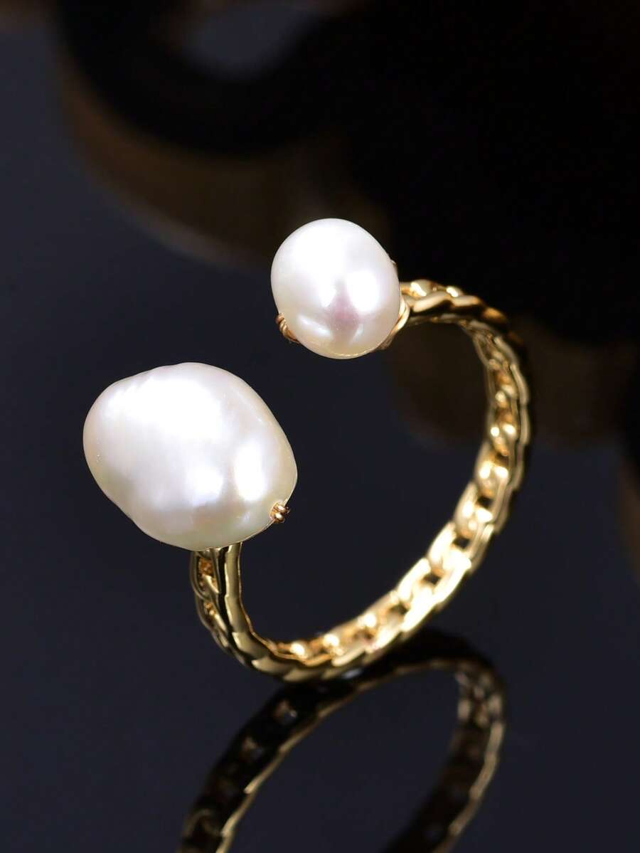1枚18K镀金天然淡水珍珠可调节开口戒指，母亲节、情人节、生日礼物（女士款） - 白色 - 查看 1
