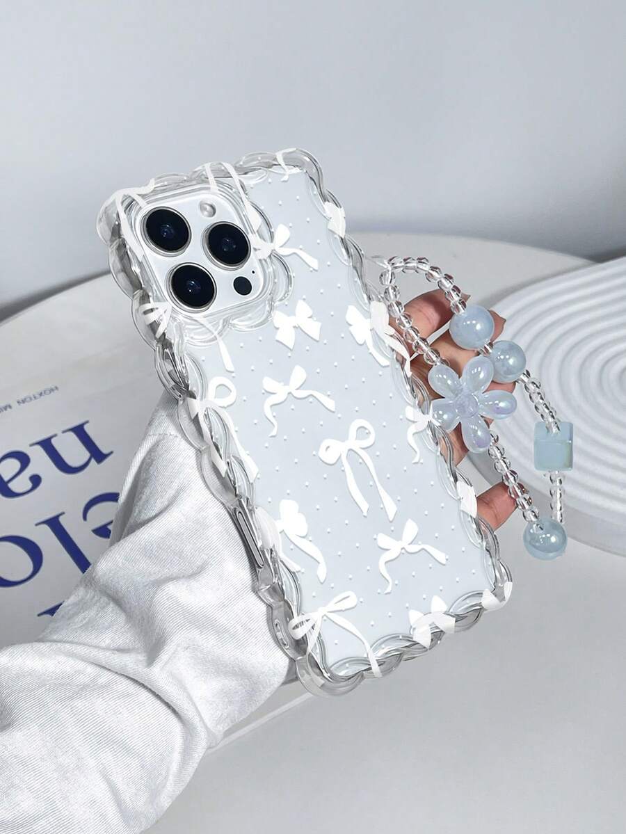 1个时尚透明波点蝴蝶结印花防震手机壳，带挂绳，兼容 11/12/13/14/11 Pro Max/12 Pro Max/13 Pro Max/14 Pro Max/XR/15/15 Pro/15 Pro Max/16/16 Pro/16 Pro Max/17/17 Pro/17 Pro Max - 彩色 - 查看 1
