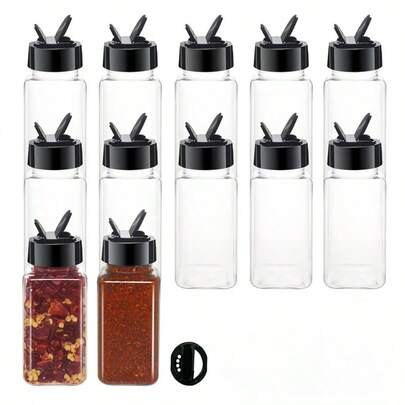 12-Piece Square Plastic Seasoning Jars With Black Lids. These Containers Are Used For Storing Herbs And Powders - Recommended For Hand Washing. Essential For The Kitchen. Compact Design, Lightweight Material. Reusable Small Containers. Ideal For Organizing The Pantry And For Prepping Meals.