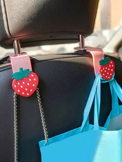 2Pcs Strawberry Pink Cute Car Headrest Hooks, Car Seat Back Storage Organizer For Handbags/Shopping Bags, Decorative Car Interior Accessories