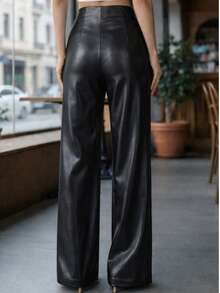 Women Pants - Black Faux Leather - View 2