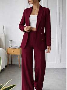 Set traje blazer y pantalón mujer elegante moderno casual botones estilo oficina primavera verano cómodo - Burdeos - Ver 1