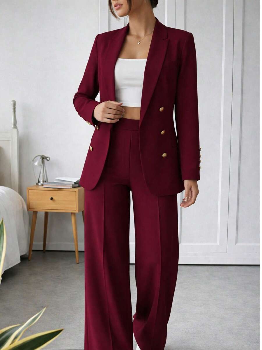 Set traje blazer y pantalón mujer elegante moderno casual botones estilo oficina primavera verano cómodo - Burdeos - Ver 1