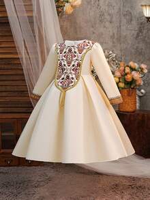 Young Girls Long Sleeve Metallic Ribbon Floral Print Satin Dress, Elegant For Birthday Party, Family Gathering, Does Not Include Headband - Champagne - View 6