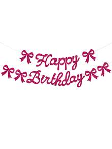 Glitter "Happy Birthday" Pull Flag, Pink Bow Birthday Banner, Birthday Party Decoration Pull Flag, Bow Birthday Theme Pull Flag, Bow Birthday Party Decorations - Hot Pink - View 6
