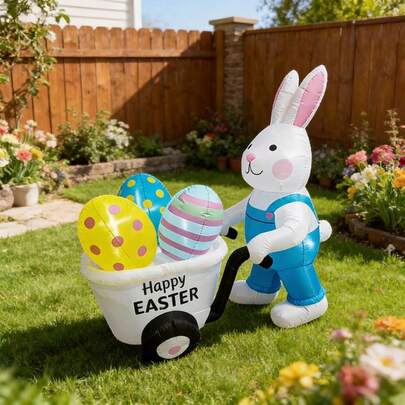 6英尺充气复活节兔子，带LED灯，推着3个彩色彩蛋，适合室内/室外庭院、草坪和节日派对装饰