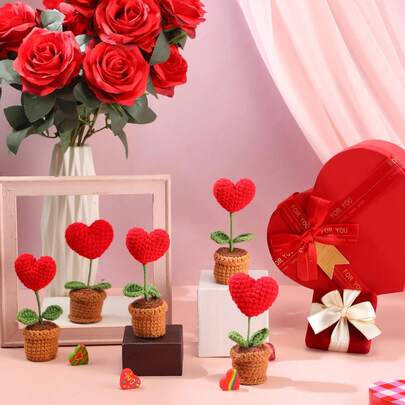 10个手工编织心形人造花盆，家居装饰迷你摆件，适合母亲节、情人节、圣诞节、开学季礼物及室内装饰
