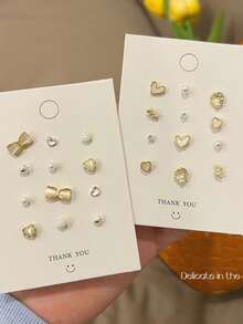 Heart & Bow Tie Cat Eye Stone Luxury Delicate Earrings Set For Women - Gold - View 5