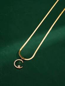 2026新款18K镀金不锈钢项链，搭配镶嵌3D立方氧化锆星月图案的铜质吊坠，适合女性日常及节日佩戴。 - 黃色 - 查看 5