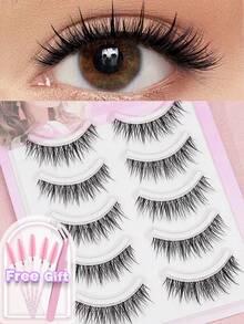 5 Pairs Of Natural False Eyelashes Fluffy And Soft 3D Mink Eyelashes Long Silky Eyelashesdaily Work Meetings Natural False Eyelashes Comfortable To Wear With Eyelashes Hand-Made Wing Elongated Natura Full False Eyelashes Free Eyelash Tweezers And Eyelash Brushes - 黑色 - 查看 7