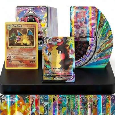 超过300张稀有宝可梦卡牌，包括VMAX/GX/EX闪卡、V系列、VMAX、GX稀有卡、全新宝可梦卡牌、游戏卡、宝可梦卡牌以及限量版闪光卡。包装随机，适合收藏家和对战玩家——正版TCG收藏品，稀有VMAX/GX卡，正版TCG，热门收藏——全球快速发货！随机款式和包装