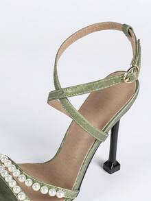 女士印花珍珠一体式搭扣高跟凉鞋，交叉系带尖头镂空细高跟时尚鞋 - 綠色 - 查看 8