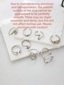 8pcs/Set Fashionable Bohemian Geometric Hollow Asymmetric Abstract Design Adjustable Gold Rings Set, Women Jewelry Accessories - Silver - View 7