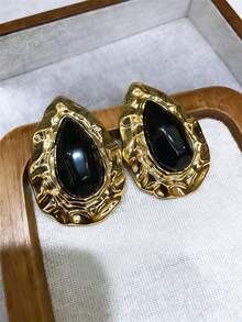 1对女士粗款水滴耳环 | 复古纹理金色框架 Y2K 复古彩色树脂（黑/白）大胆水滴时尚饰品，适合派对和日常佩戴 - 水滴 - 查看 3