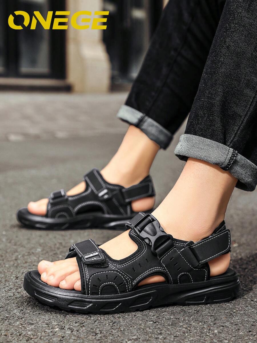 1 Pair Men's Beach Sandals, Non-Slip Wear-Resistant, Fashionable Summer Outdoor Casual Driving Sandals - Grey - View 1