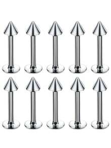 10pcs Simple Stainless Steel Eyebrow Studs, Double-Headed Conical Curved Bar/Straight Bar Flat Ear Cartilage Nose Lip Rings, Unisex Piercing Jewelry - Silver - View 13