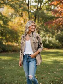 Long Sleeve Regular Hem Coat For Women Casual Style Woven Fabric High Neck Design Zipper Pockets Detail - Màu Khaki - Xem 2