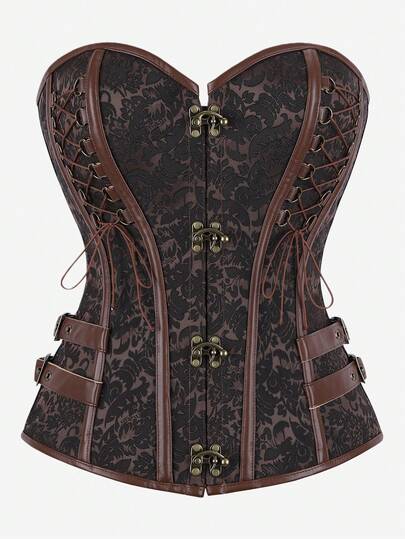 Steampunk Corset Top, Strapless, Jacquard Fabric, Waist Cincher, Vintage Metal Buckle Detail, Slim Fit Bustier, Ribbon Criss-Cross Side Closure