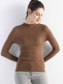 2026春夏女士美利奴羊毛混纺毛衣，休闲百搭，保暖柔软圆领长袖针织套头衫 - 棕色 - 查看 2