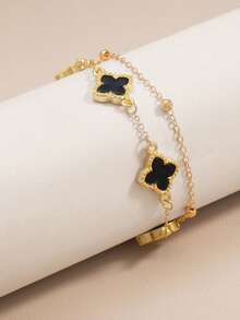 1条幸运四叶草吊坠商务休闲男童手链，适合日常佩戴、约会、送礼（第一层珠子数量随机变化） - 黑色 - 查看 1