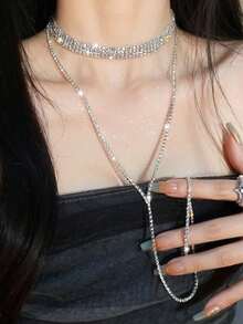 1 pieza Nuevo collar de gargantilla con múltiples filas de rhinestones sexy 2026, collar largo, cadena para el Body - Plateado - Ver 4