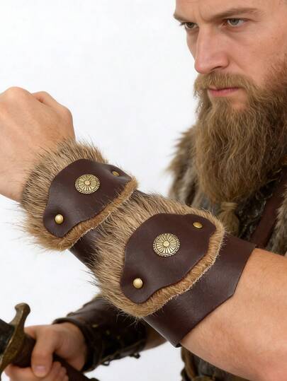 1 Stück mittelalterliche PU-Leder Nieten Kunstfell Manschette, Ritter Viking Krieger Lederarmband, geeignet für Renaissance Viking Markt LARP Halloween/Karneval Kostümzubehör