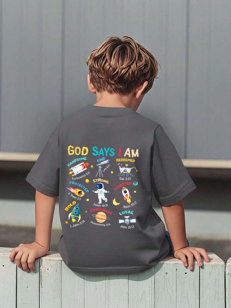 Young Boy Casual Graphic Print Crew Neck Short Sleeve T-Shirt, Summer Top - Dark Grey - View 1