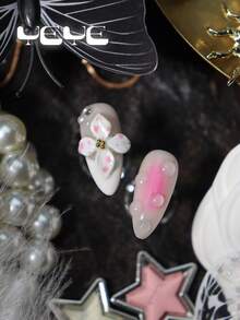 10 Peças Unhas Postiças Amendoa, Base Nude, Ponta Francesa, Branco Rosa, Degradê, Flor 3D, Gota d'Água, Estrela Dourada, Pérola, Conjunto de Unhas Postiças Japonesas de Cobertura Total com Encantos, Suprimentos de Unhas para Mulheres e Meninas, para Festa, Uso Diário, Casamento, Suprimentos de Unhas Doces Feitas à Mão - Rosa Bebê - Visão 6