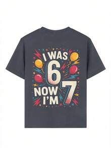Tween Boy Colorful Cartoon "I WAS 6, NOW I'M 7" 67 Element Print Shirt, Suitable For Activities, Daily Wear, Partys, Birthday Gift For Tween Boy, Birthday Party , Ideal Gift For Birthday Celebration, Fashionable Tween Boy Summer Top - Dark Grey - View 7