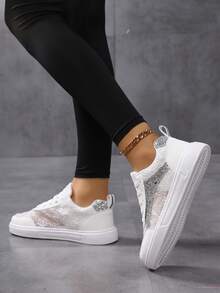 New Spring/Summer Women's Casual Sneakers, Women's White Shoes, Women's Skateboard Shoes, Women's Lace Breathable Casual Shoes, Women's Mesh Breathable Skateboard Shoes, Women's Fashion Flat Board Shoes, Women's Student White Shoes, Campus Style Skateboard Shoes, Women's Glitter White Shoes, Women's White Flat Sports Shoes, Women's Travel Shoes, Women's Hollow Mesh Board Shoes, Women's Walking Shoes, Women's Round Toe Lace-Up Board Shoes, Women's Patterned White Shoes, Women's Shiny Silver Flat Shoes - White - View 4