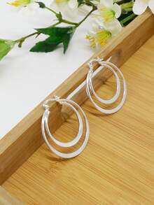 1 Pair Women's Double-Layer Round Hoop Earrings, Suitable For Daily Wear - Silver - View 5