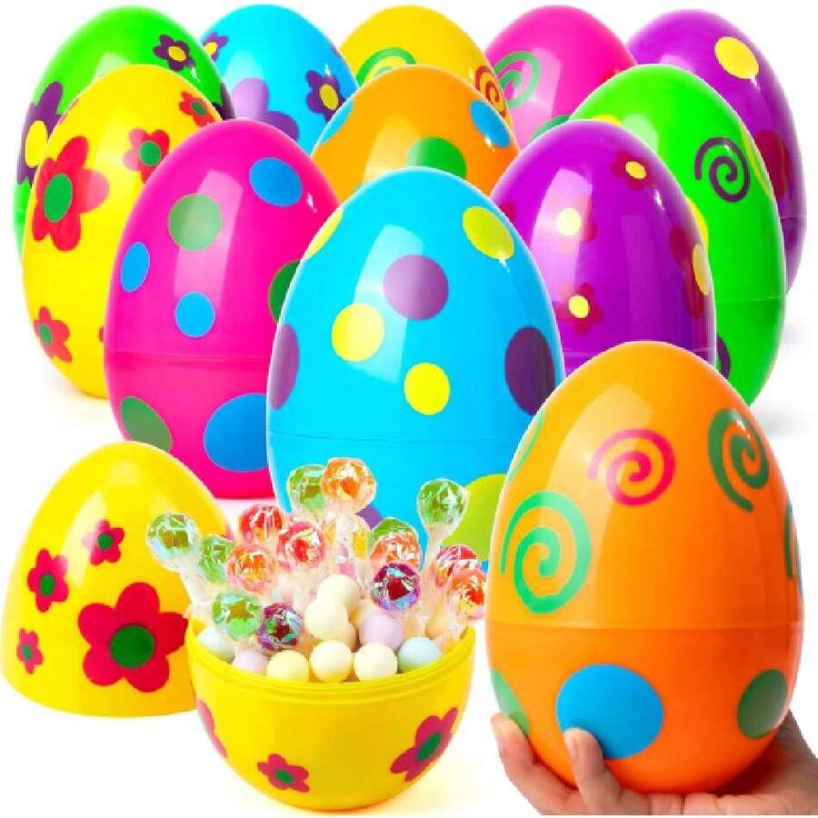 JOYIN 12 Pcs Large Printed Easter Eggs, 6 Inches Jumbo Plastic Eggs Fillable For Easter Themed Hunt Basket Stuffers Fillers Filling Treats Party Favor Classroom Prize Supplies,41205359 - 青碧色 - 查看 1
