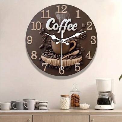2D Flat, Coffee-Themed Wall Clock With Coffee Bean & Cup Design - Round Wooden Wall Decor For Home, Ideal Gift, Battery Operated (AA Not Included), Coffee Bar Accessories