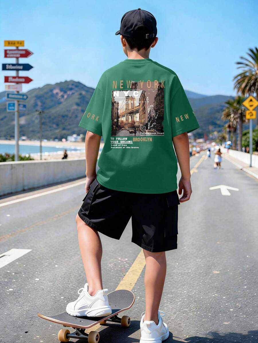 青少年男孩休闲简约布鲁克林城市印花圆领短袖T恤+卡其裤夏季新款穿搭 - 彩色 - 查看 1